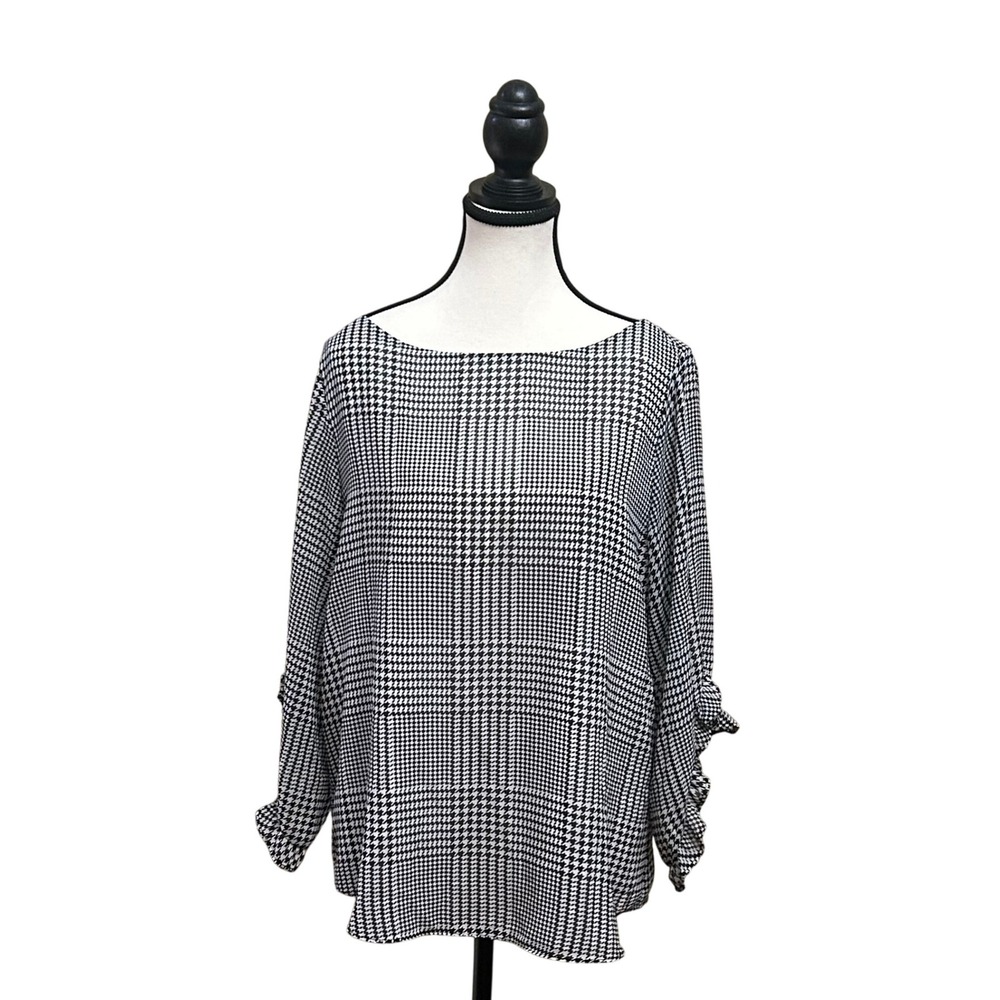 Calvin Klein Houndstooth Blouse Womens‎ Medium Long Sleeve Ruffle Cuff Top